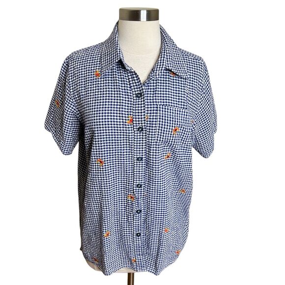 Quacker Factory Shirt Womens Medium Blue Gingham Crab Jeweled Print Button Up - Picture 1 of 9